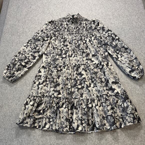 Women's Cinq a Sept Black and Cream Floral Smocked Dress Size 6 - Picture 2 of 10